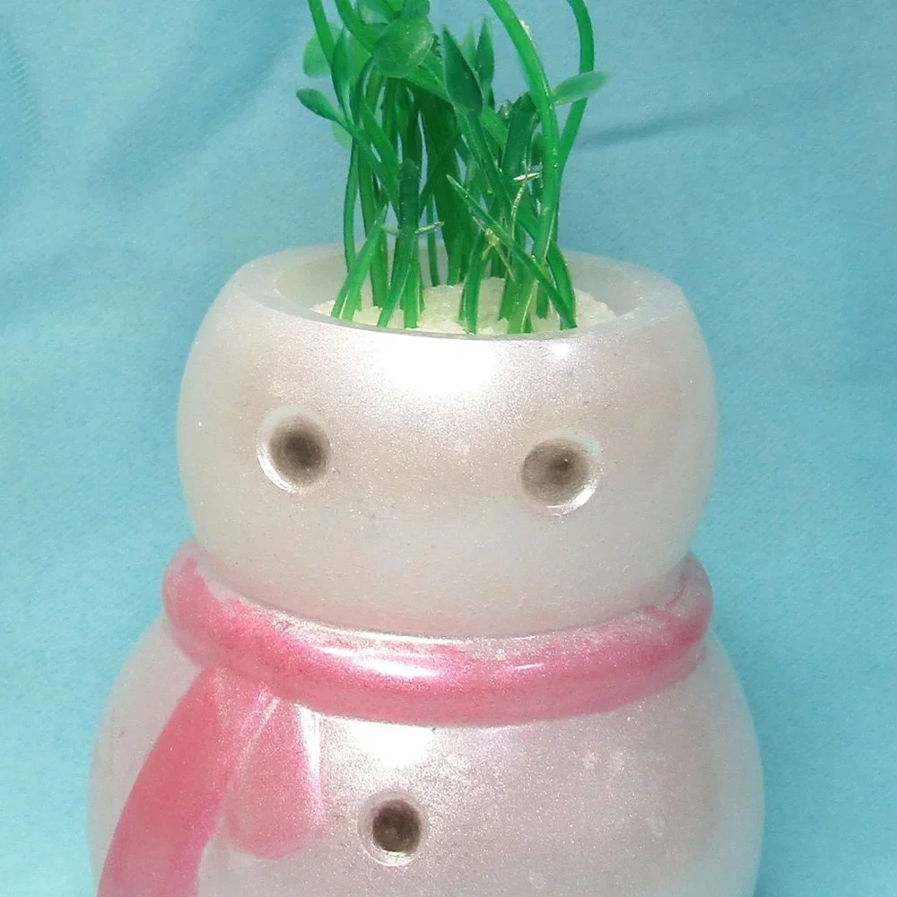 Aquarium Decoration - Frosty Snowman with Green Plant.